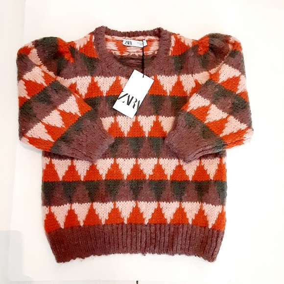 Zara Sweater Argyle Puff Sleeve Mohair, Alpaca - Picture 2 of 8